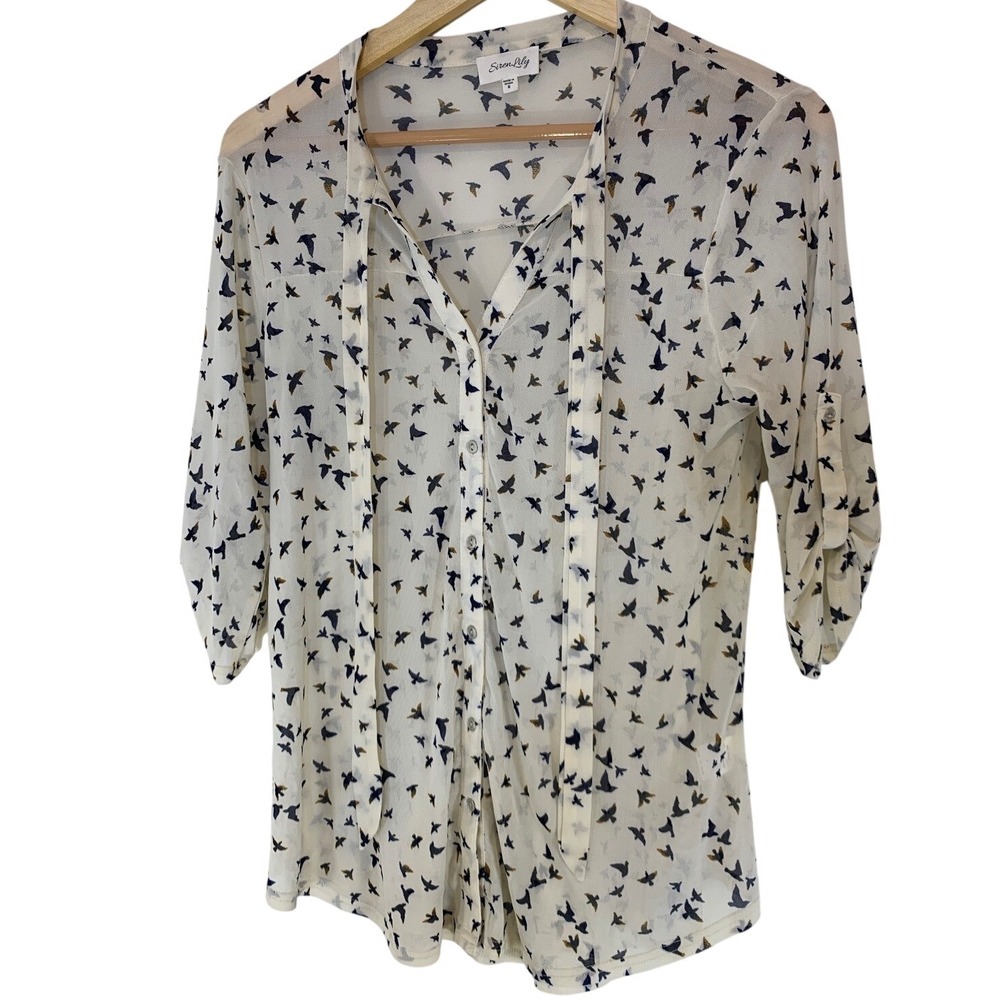 Siren Lily Bird Print Sheer Tie‎ Neck Blouse Size S Whimsical Boho Chic Women